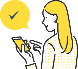 スマートフォンを操作する黄色い髪の女性のイラスト。吹き出しにチェックマーク。