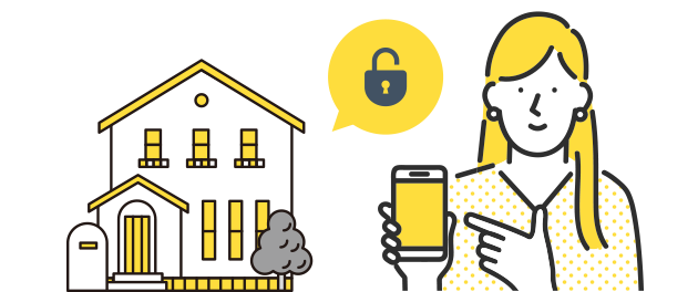 スマートフォンを使って家のロックを解除している女性のイラスト。